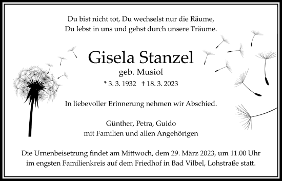 Traueranzeige von Gisela Stanzel von Bad Vilbel/Karben