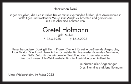 Traueranzeige von Gretel Hofmann von Kreis-Anzeiger