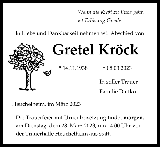 Traueranzeige von Gretel Kröck von Giessener Anzeiger