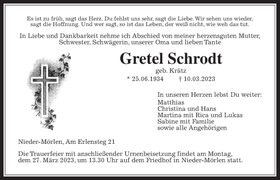 Traueranzeige von Gretel Schrodt von Wetterauer Zeitung