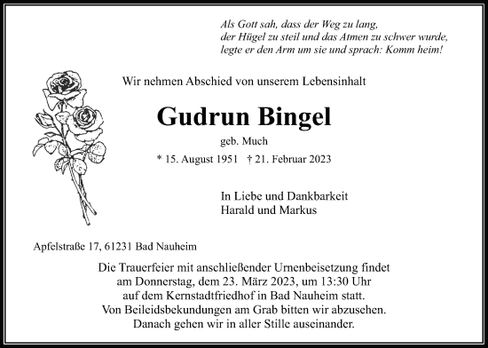 Traueranzeige von Gudrun Bingel von Wetterauer Zeitung