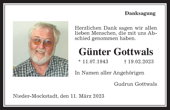 Traueranzeige von Günter Gottwals von Wetterauer Zeitung, Kreis-Anzeiger