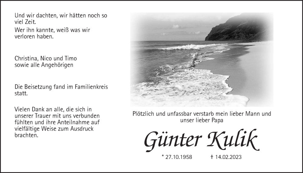  Traueranzeige für Günter Kulik vom 11.03.2023 aus Wetterauer Zeitung