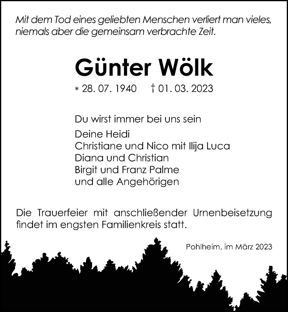  Traueranzeige für Günter Wölk vom 11.03.2023 aus Giessener Allgemeine, Alsfelder Allgemeine