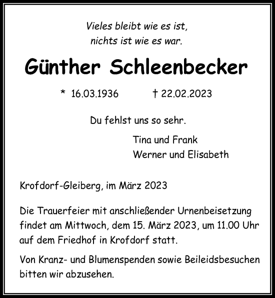 Traueranzeige von Günther Schleenbecker von Giessener Anzeiger