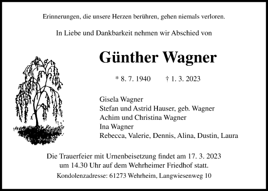 Traueranzeige von Günther Wagner von Usinger Anzeiger