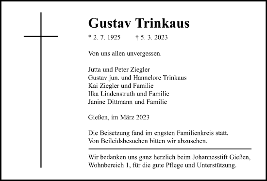 Traueranzeige von Gustav Trinkaus von Giessener Allgemeine, Alsfelder Allgemeine, Giessener Anzeiger