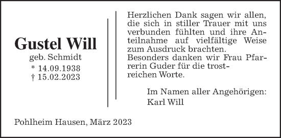 Traueranzeige von Gustel Will von Giessener Allgemeine, Alsfelder Allgemeine, Giessener Anzeiger