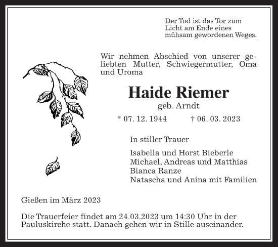 Traueranzeige von Haide Riemer von Giessener Allgemeine, Alsfelder Allgemeine, Giessener Anzeiger
