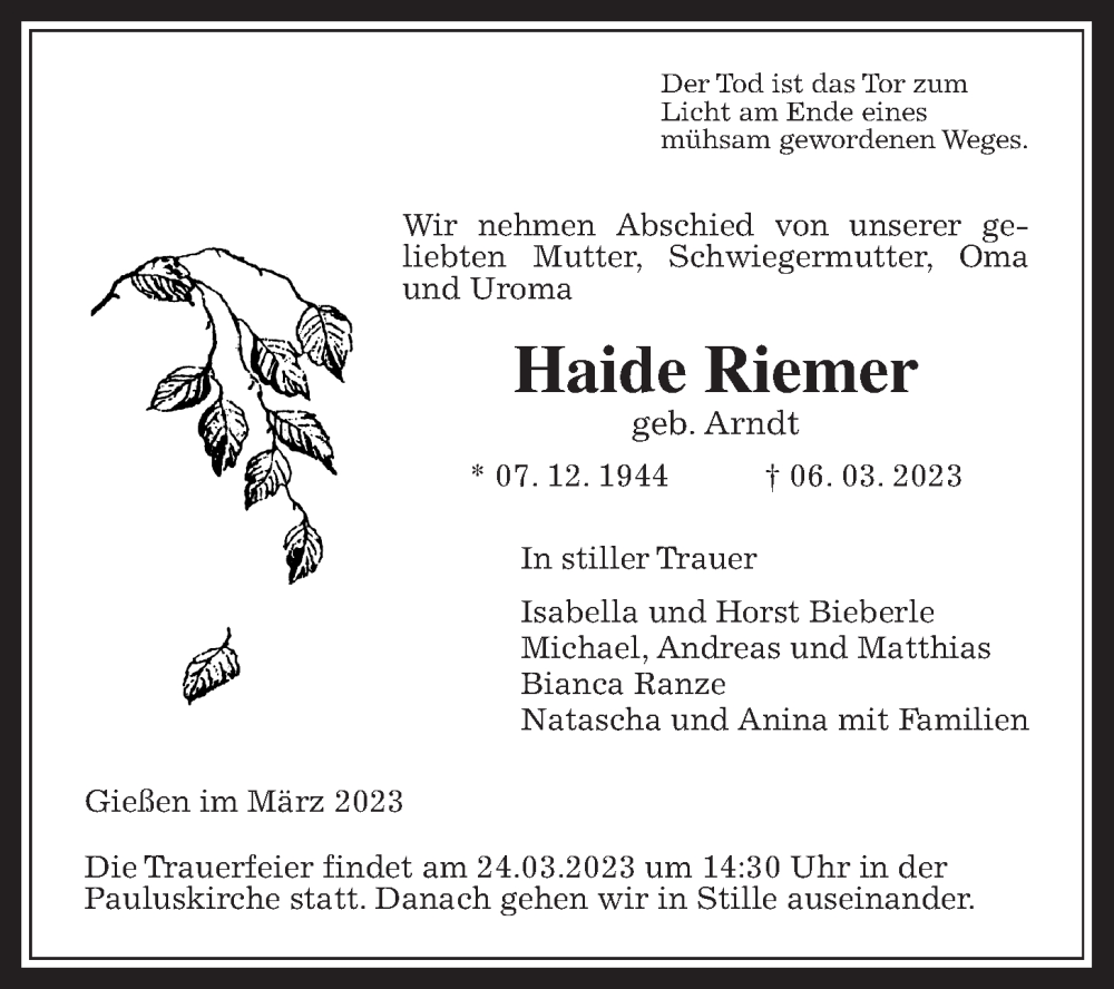  Traueranzeige für Haide Riemer vom 18.03.2023 aus Giessener Allgemeine, Alsfelder Allgemeine, Giessener Anzeiger