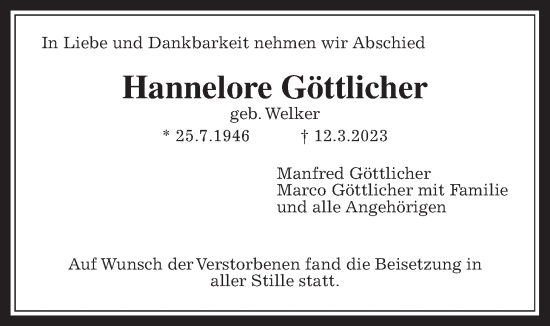 Traueranzeige von Hannelore Göttlicher von Wetterauer Zeitung