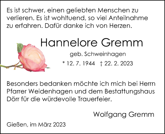 Traueranzeige von Hannelore Gremm von Giessener Allgemeine, Alsfelder Allgemeine