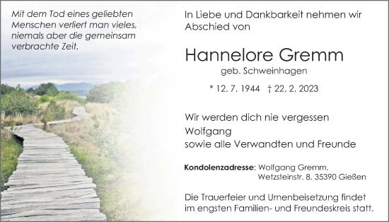 Traueranzeige von Hannelore Gremm von Giessener Allgemeine, Alsfelder Allgemeine, Giessener Anzeiger, Giessener Allgemeine, Alsfelder Allgemeine, Giessener Anzeiger
