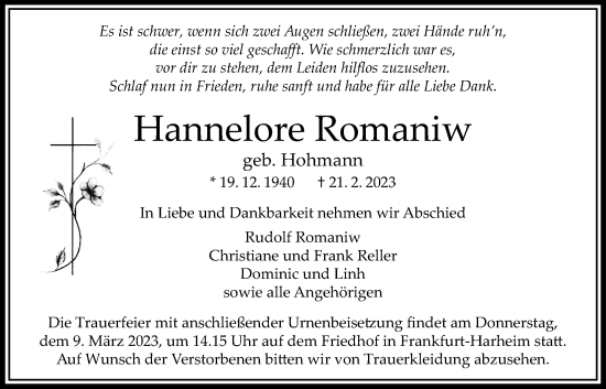 Traueranzeige von Hannelore Romaniw von Bad Vilbel/Karben