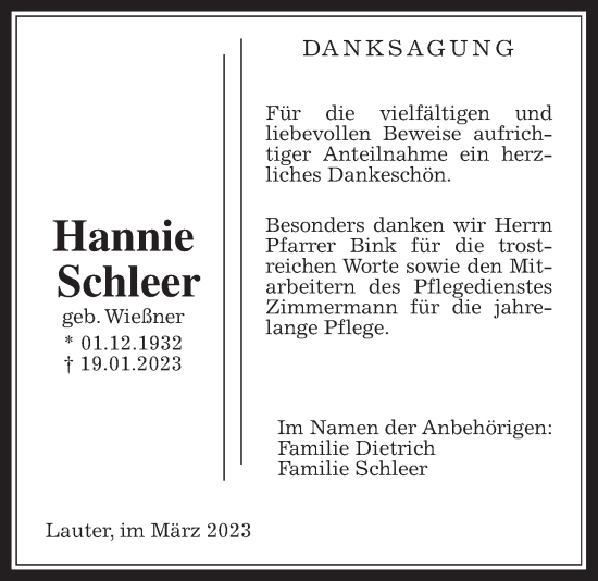 Traueranzeige von Hannie Schleer von Laubacher Anzeiger, Giessener Allgemeine, Alsfelder Allgemeine