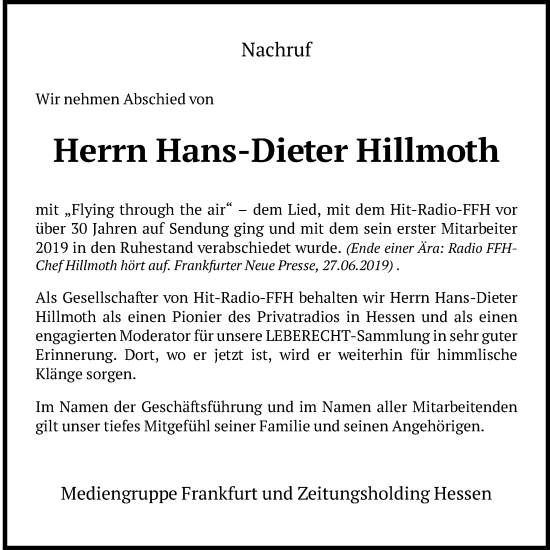 Traueranzeige von Hans-Dieter Hillmoth von Wetterauer Zeitung, Kreis-Anzeiger, Giessener Anzeiger, Giessener Allgemeine, Alsfelder Allgemeine, Usinger Anzeiger