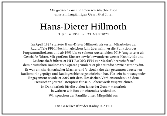 Traueranzeige von Hans-Dieter Hillmoth von Wetterauer Zeitung, Kreis-Anzeiger, Usinger Anzeiger