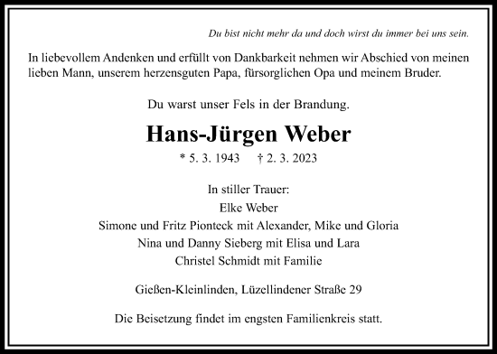 Traueranzeige von Hans-Jürgen Weber von Giessener Allgemeine, Alsfelder Allgemeine, Giessener Anzeiger, Giessener Allgemeine, Alsfelder Allgemeine, Giessener Anzeiger