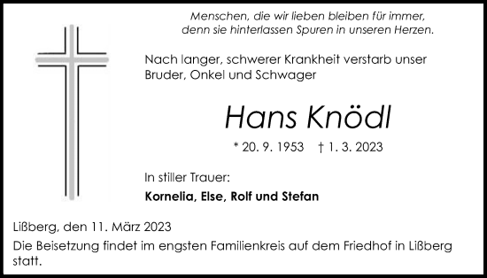 Traueranzeige von Hans Knödl von Kreis-Anzeiger