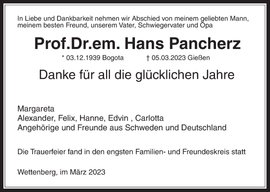 Traueranzeige von Hans Pancherz von Giessener Allgemeine, Alsfelder Allgemeine