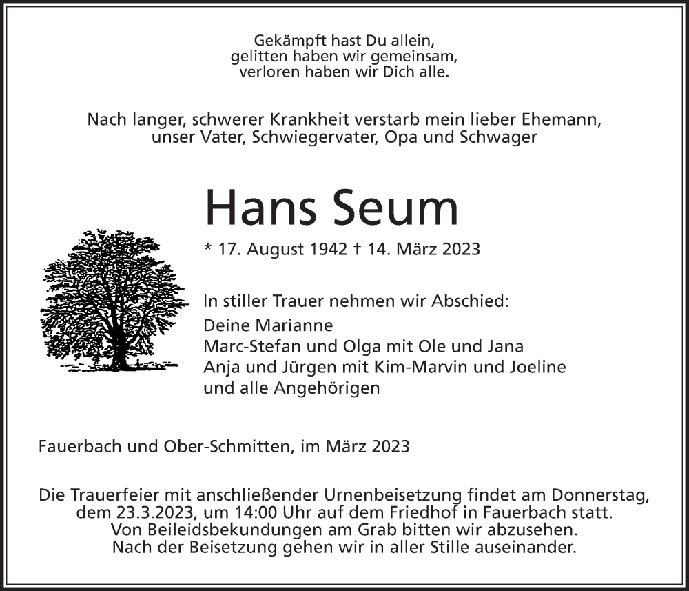  Traueranzeige für Hans Seum vom 18.03.2023 aus Kreis-Anzeiger