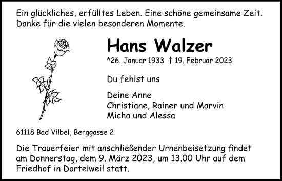 Traueranzeige von Hans Walzer von Bad Vilbel/Karben