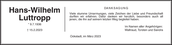 Traueranzeige von Hans-Wilhelm Luttropp von Wetterauer Zeitung