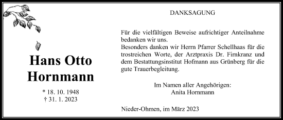 Traueranzeige von Hans Otto Hornmann von Mücker Stimme, Alsfelder Allgemeine