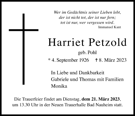 Traueranzeige von Harriet Petzold von Wetterauer Zeitung