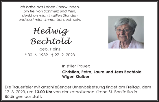 Traueranzeige von Hedwig Bechtold von Kreis-Anzeiger