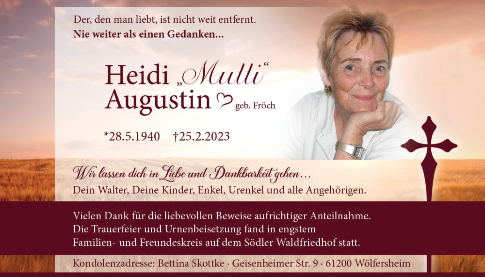  Traueranzeige für Heidi Augustin vom 18.03.2023 aus Wetterauer Zeitung