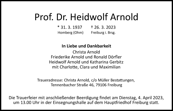 Traueranzeige von Heidwolf Arnold von Giessener Anzeiger, Giessener Allgemeine, Alsfelder Allgemeine