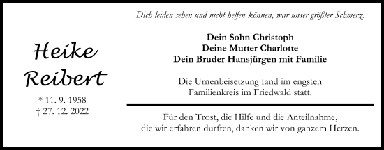 Traueranzeige von Heike Reibert von Kreis-Anzeiger