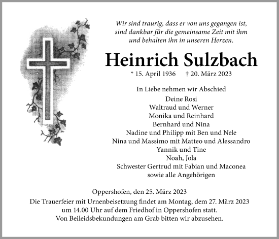 Traueranzeige von Heinrich Sulzbach von Wetterauer Zeitung