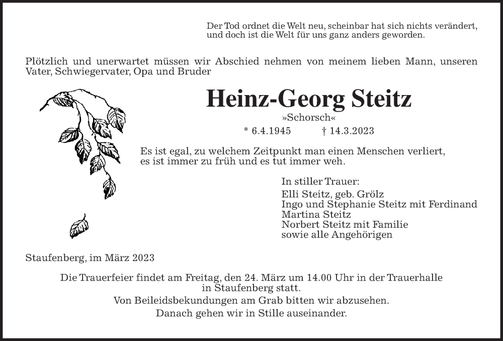  Traueranzeige für Heinz-Georg Steitz vom 22.03.2023 aus Giessener Anzeiger, Giessener Allgemeine, Alsfelder Allgemeine