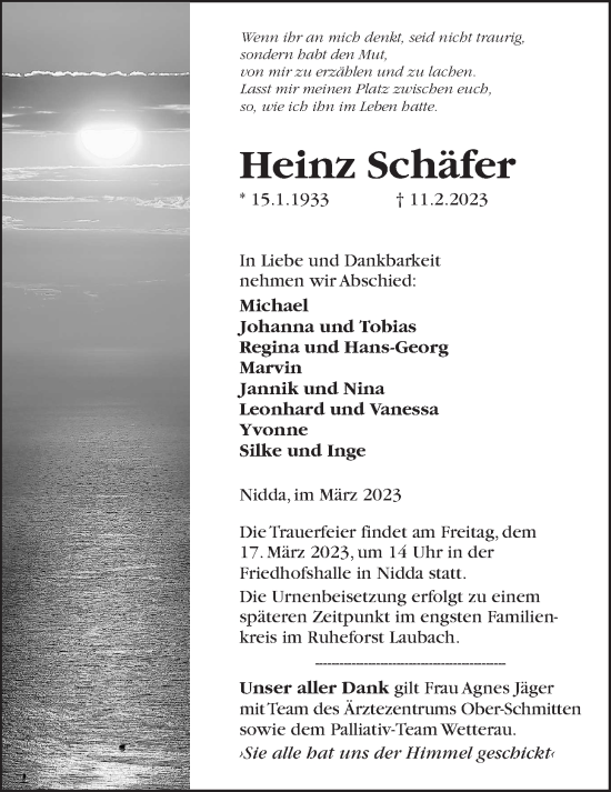 Traueranzeige von Heinz Schäfer von Kreis-Anzeiger