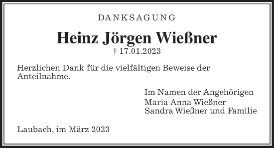 Traueranzeige von Heinz Jörgen Wießner von Laubacher Anzeiger