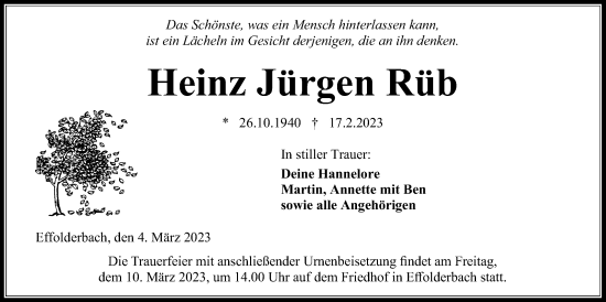 Traueranzeige von Heinz Jürgen Rüb von Kreis-Anzeiger, Kreis-Anzeiger