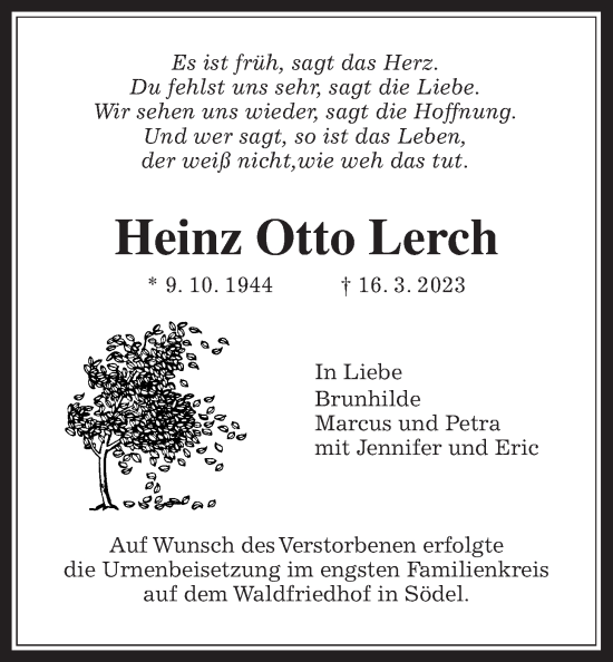 Traueranzeige von Heinz Otto Lerch von Wetterauer Zeitung
