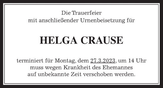 Traueranzeige von Helga Crause von Giessener Allgemeine, Alsfelder Allgemeine