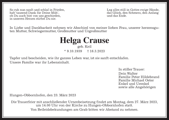 Traueranzeige von Helga Crause von Licher Wochenblatt