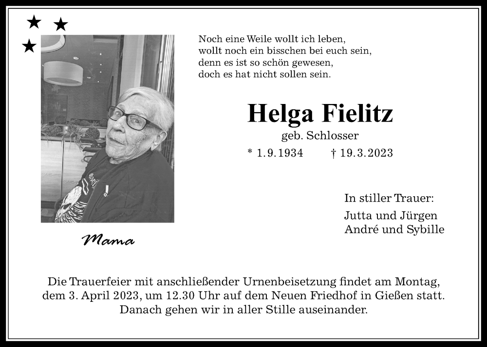  Traueranzeige für Helga Fielitz vom 28.03.2023 aus Giessener Allgemeine, Alsfelder Allgemeine