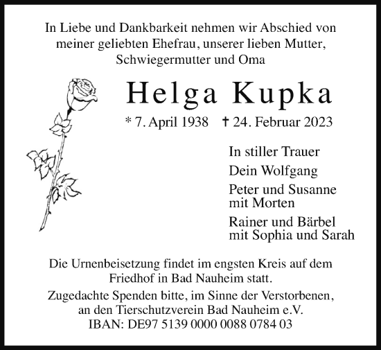 Traueranzeige von Helga Kupka von Wetterauer Zeitung, Wetterauer Zeitung
