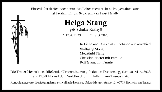 Traueranzeige von Helga Stang 