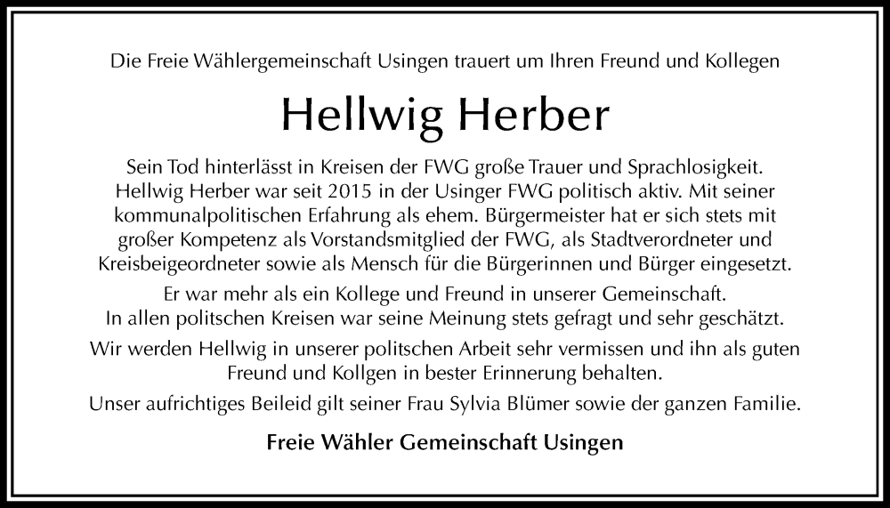  Traueranzeige für Hellwig Herber vom 11.03.2023 aus Usinger Anzeiger