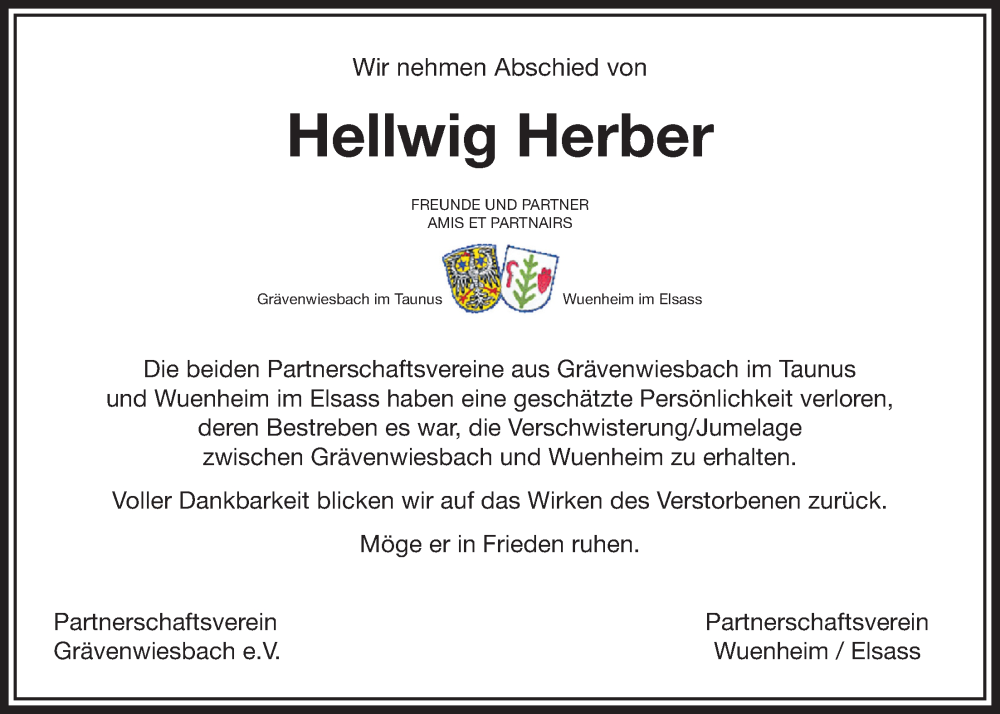  Traueranzeige für Hellwig Herber vom 11.03.2023 aus Usinger Anzeiger