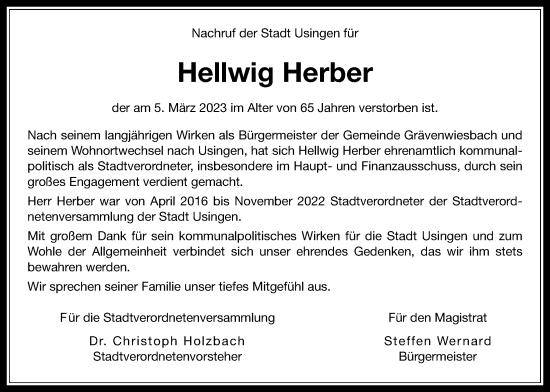 Traueranzeige von Hellwig Herber von Usinger Anzeiger