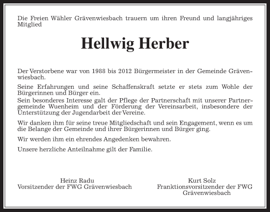 Traueranzeige von Hellwig Herber von Usinger Anzeiger