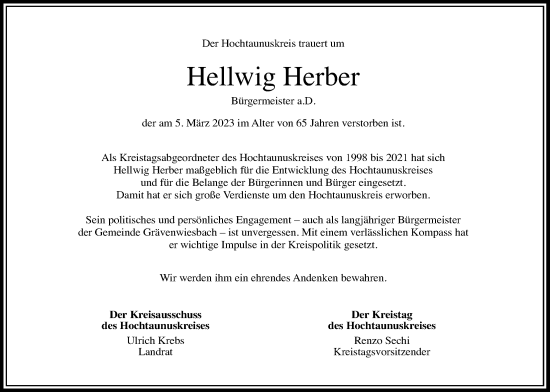 Traueranzeige von Hellwig Herber von Usinger Anzeiger