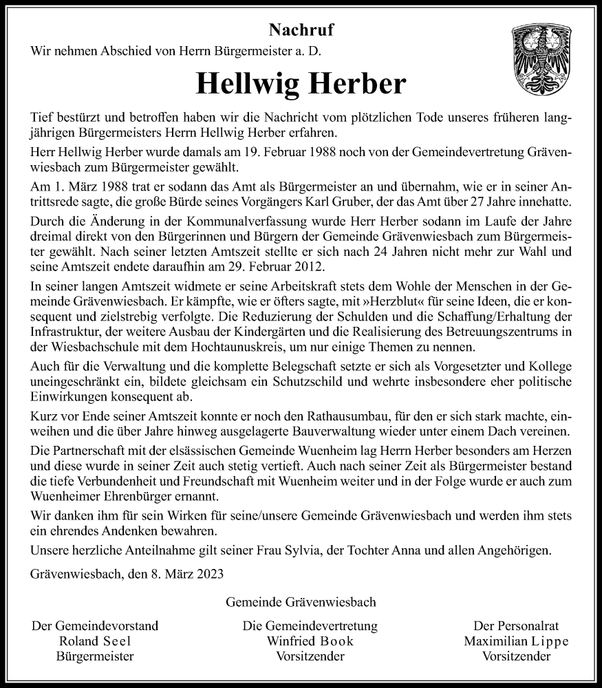  Traueranzeige für Hellwig Herber vom 11.03.2023 aus Usinger Anzeiger